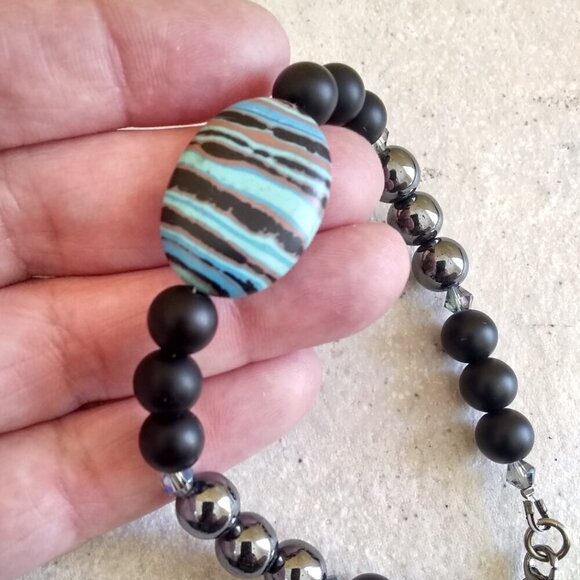 Energetic & Spunky Beaded Bracelet 7-8" ~ Fordite + Hematite + Black Beads - Picture 4 of 6